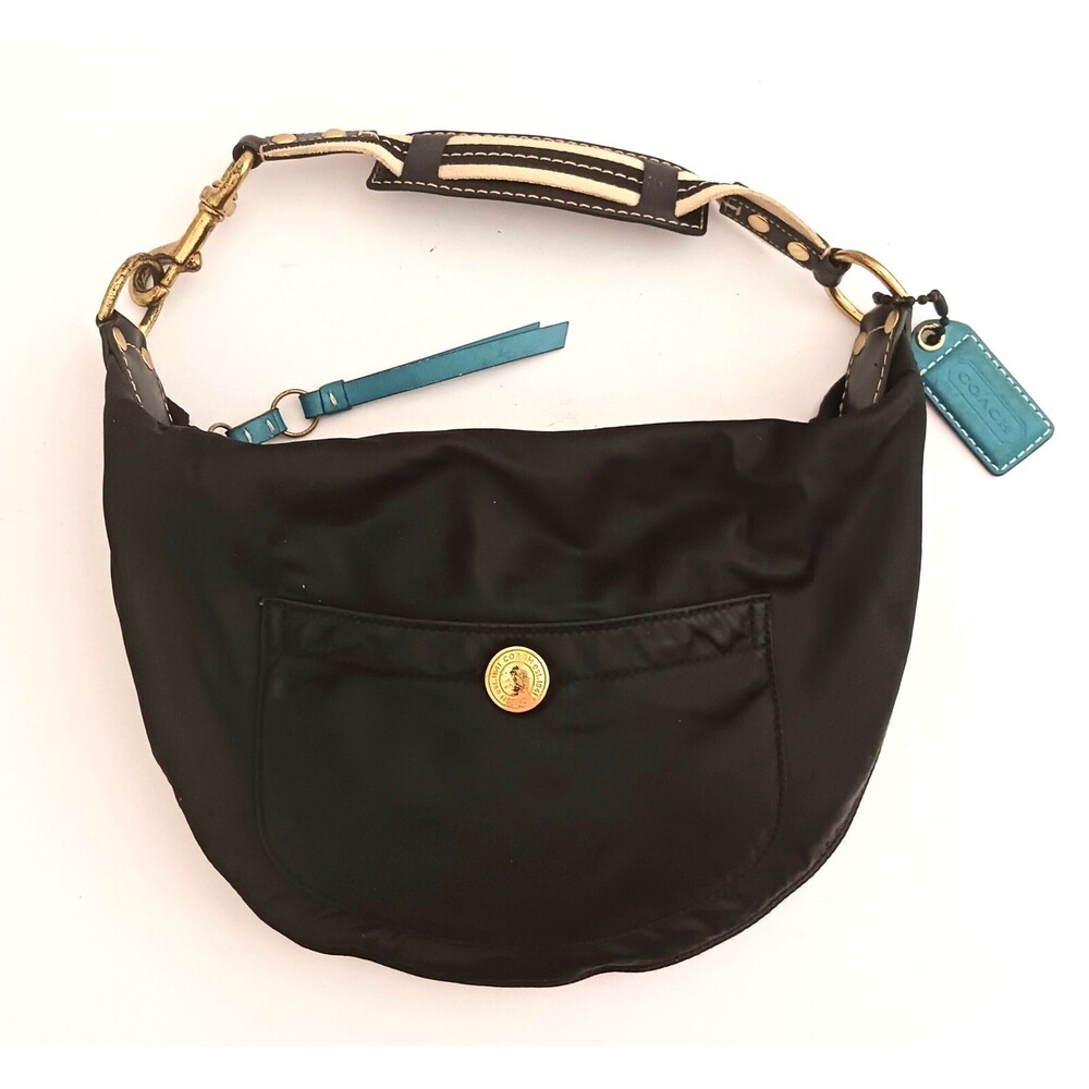 Vtg Y2K Coach Hampton Blk Satin Hobo Crescent #116 Buckle Strap Teal Lining